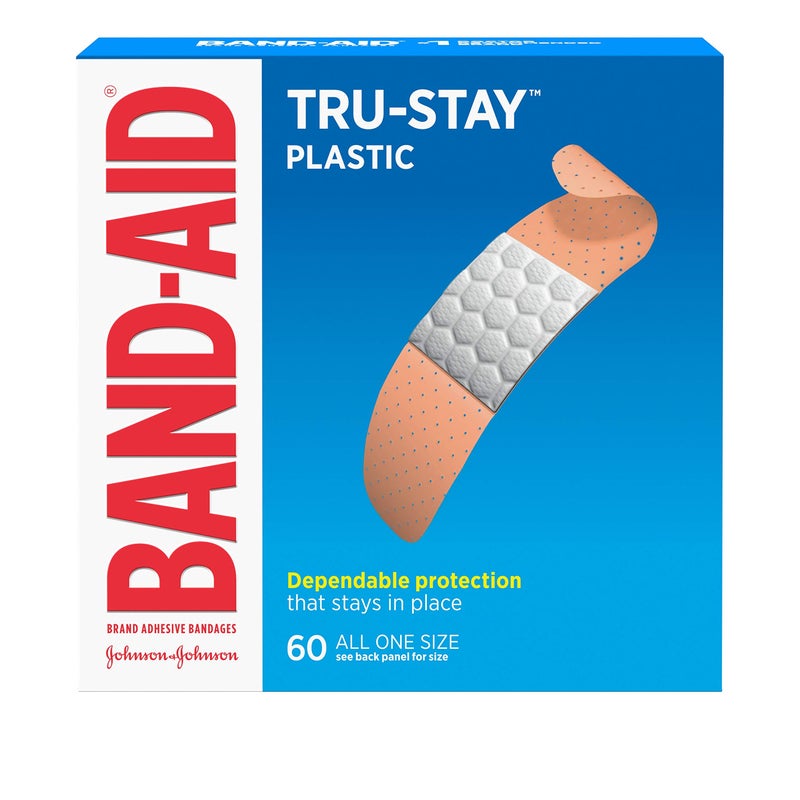 Band-Aid لصقات باند-أيد ماركة ترو-ستاي البلاستيكية اللاصقة للعناية بالجروح والإسعافات الأولية، حجم واحد، 60 قطعة - Image 1